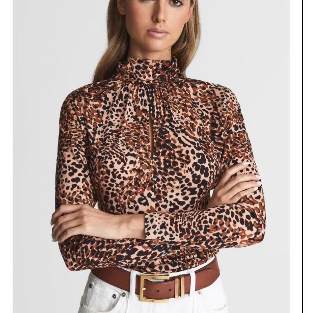 Reiss Brown Leopard Print High Neck Blouse